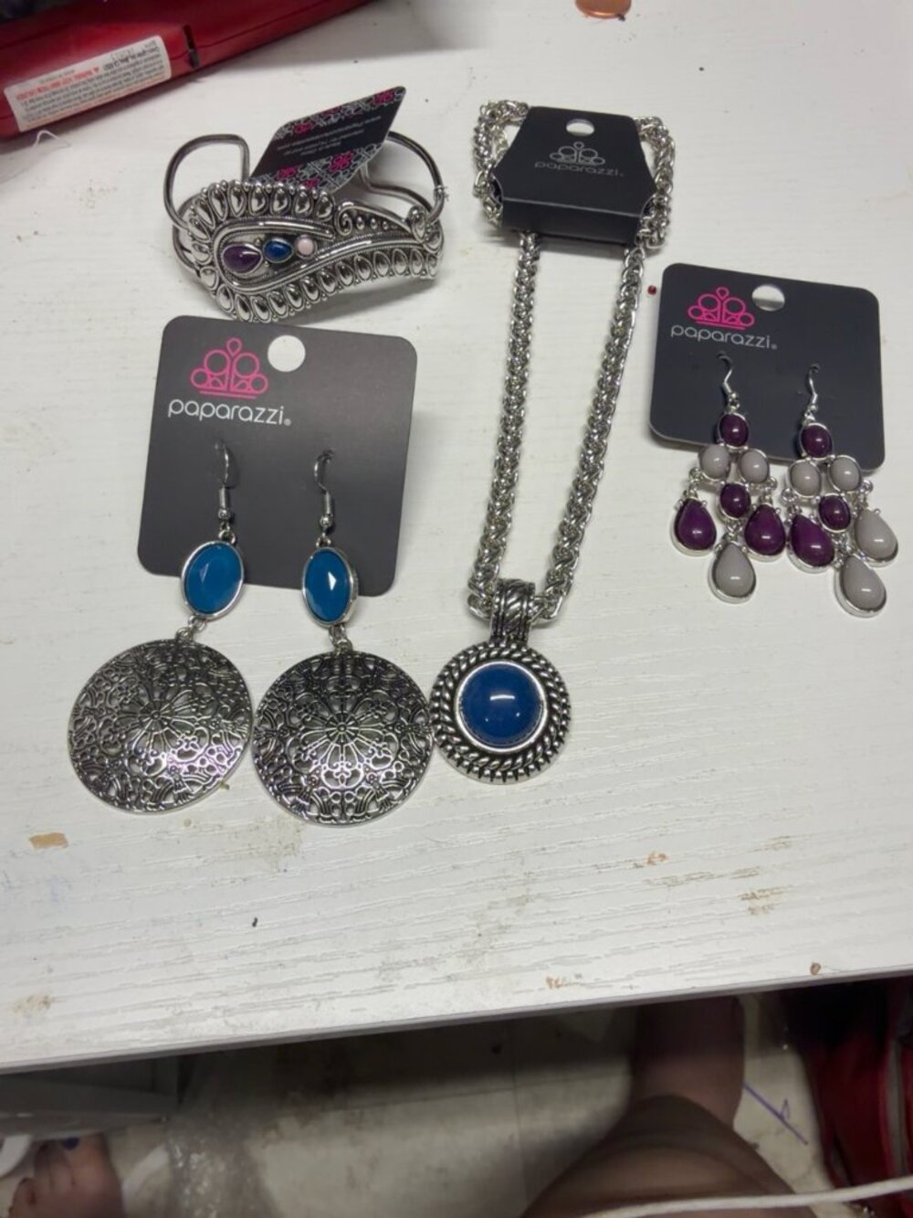 Paparazzi Blue Purple Silver Tone Necklace 2 Earring Pairs Cuff Bundle